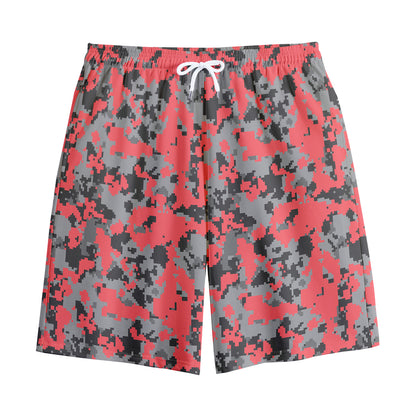 Red And Grey Digital Camo Pattern Print Cotton Shorts
