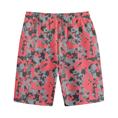 Red And Grey Digital Camo Pattern Print Cotton Shorts