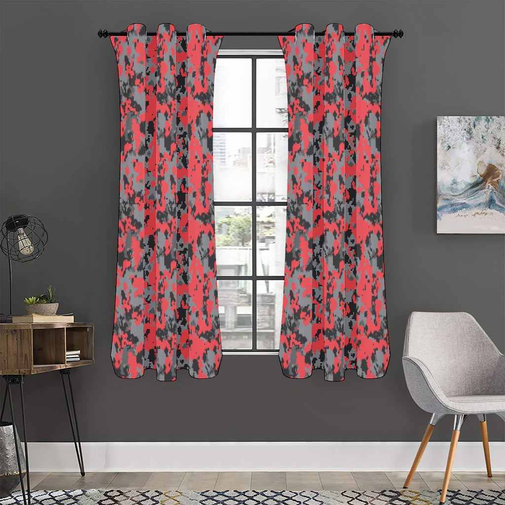 Red And Grey Digital Camo Pattern Print Curtain