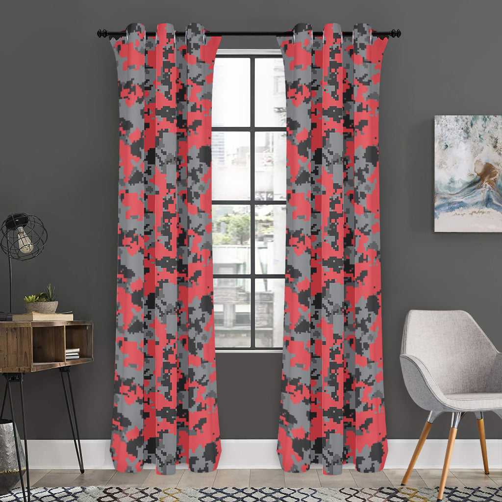 Red And Grey Digital Camo Pattern Print Curtain