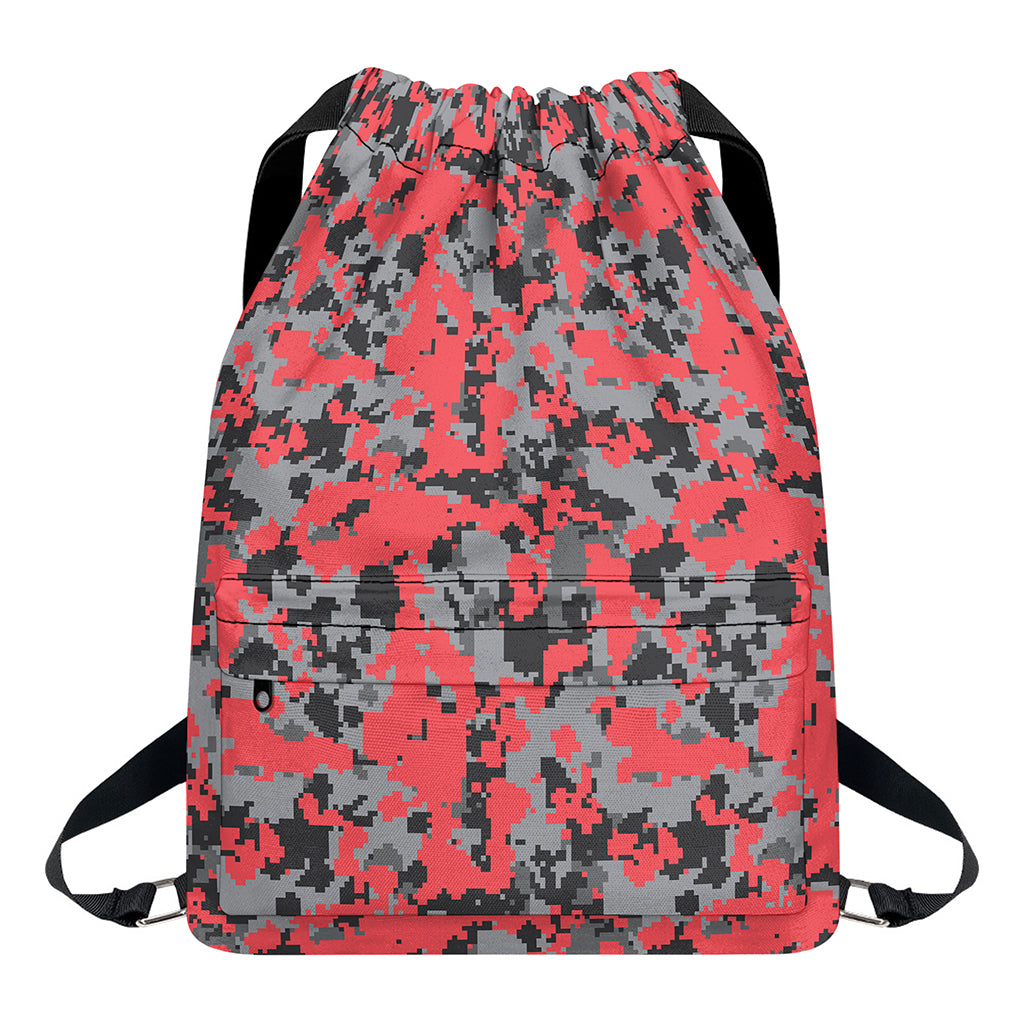 Red And Grey Digital Camo Pattern Print Drawstring Backpack