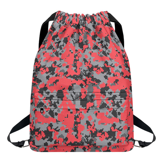 Red And Grey Digital Camo Pattern Print Drawstring Backpack