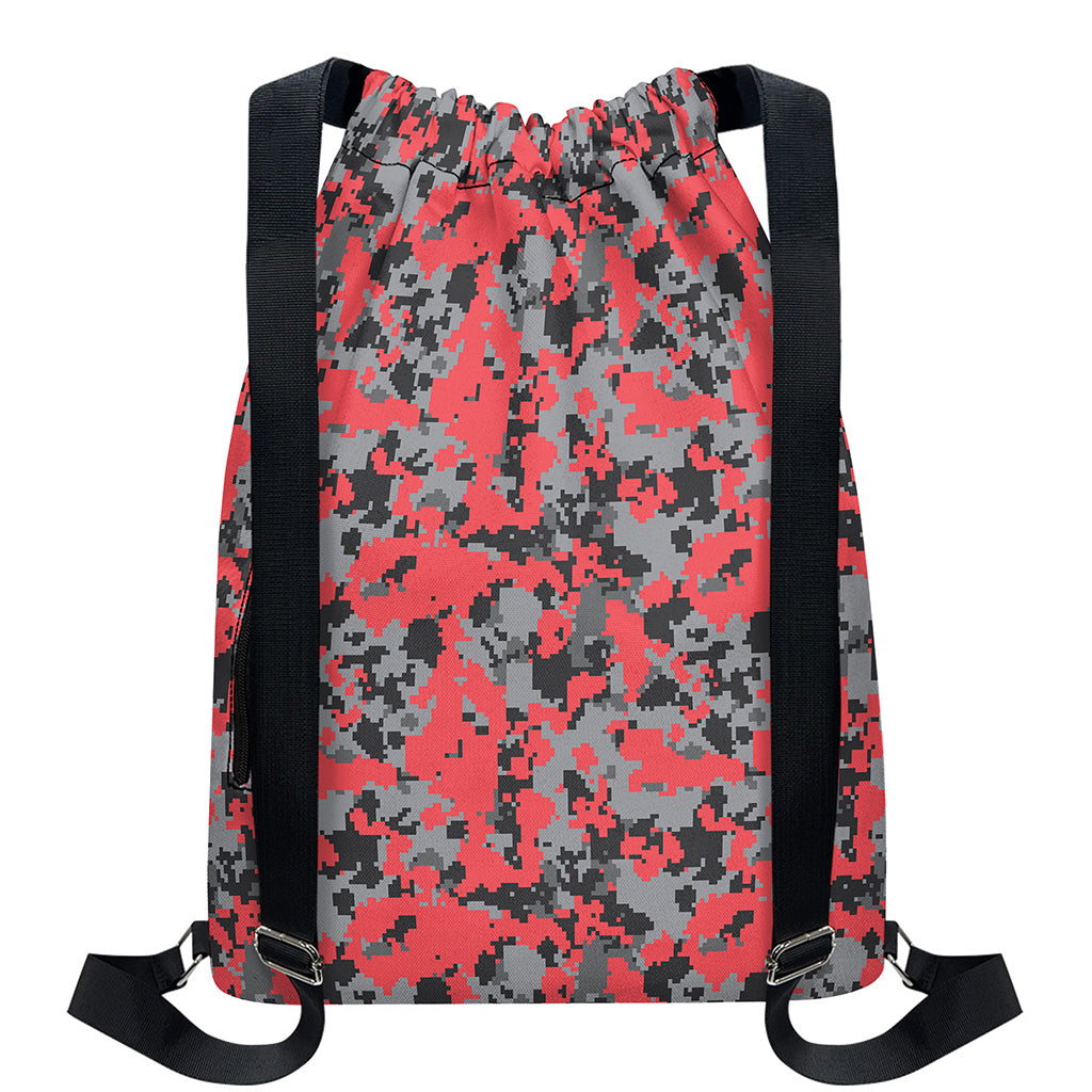 Red And Grey Digital Camo Pattern Print Drawstring Backpack
