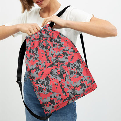 Red And Grey Digital Camo Pattern Print Drawstring Backpack