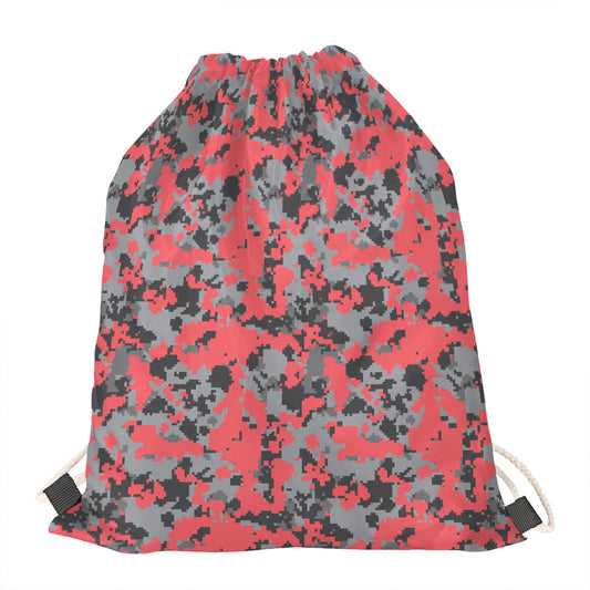 Red And Grey Digital Camo Pattern Print Drawstring Bag