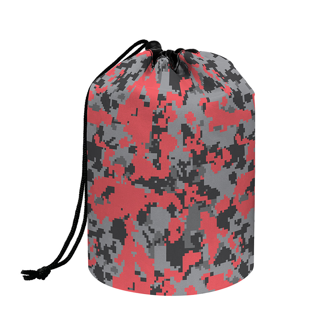 Red And Grey Digital Camo Pattern Print Drawstring Makeup Bag