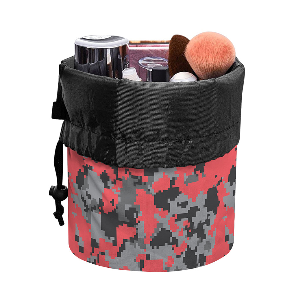 Red And Grey Digital Camo Pattern Print Drawstring Makeup Bag