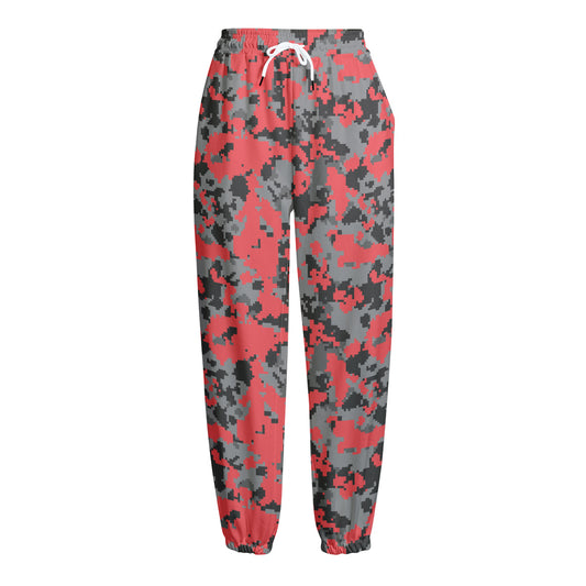 Red And Grey Digital Camo Pattern Print Fleece Lined Knit Pants