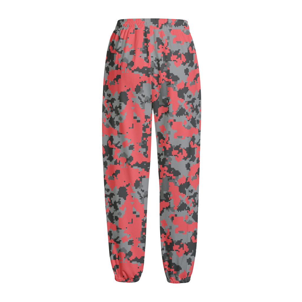 Red And Grey Digital Camo Pattern Print Fleece Lined Knit Pants