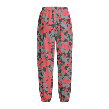 Red And Grey Digital Camo Pattern Print Fleece Lined Knit Pants