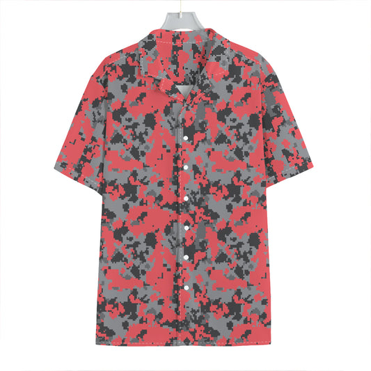 Red And Grey Digital Camo Pattern Print Hawaiian Shirt