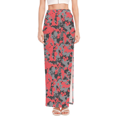 Red And Grey Digital Camo Pattern Print High Slit Maxi Skirt