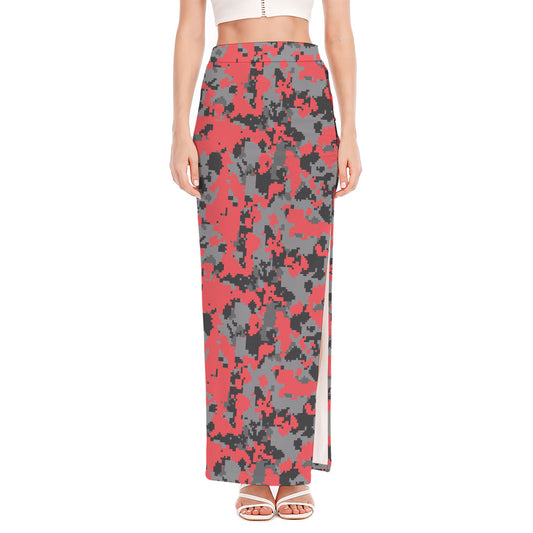 Red And Grey Digital Camo Pattern Print High Slit Maxi Skirt