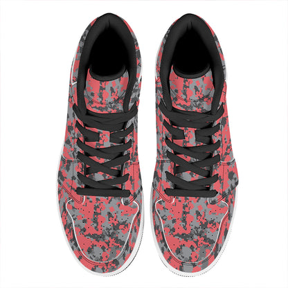 Red And Grey Digital Camo Pattern Print High Top Leather Sneakers