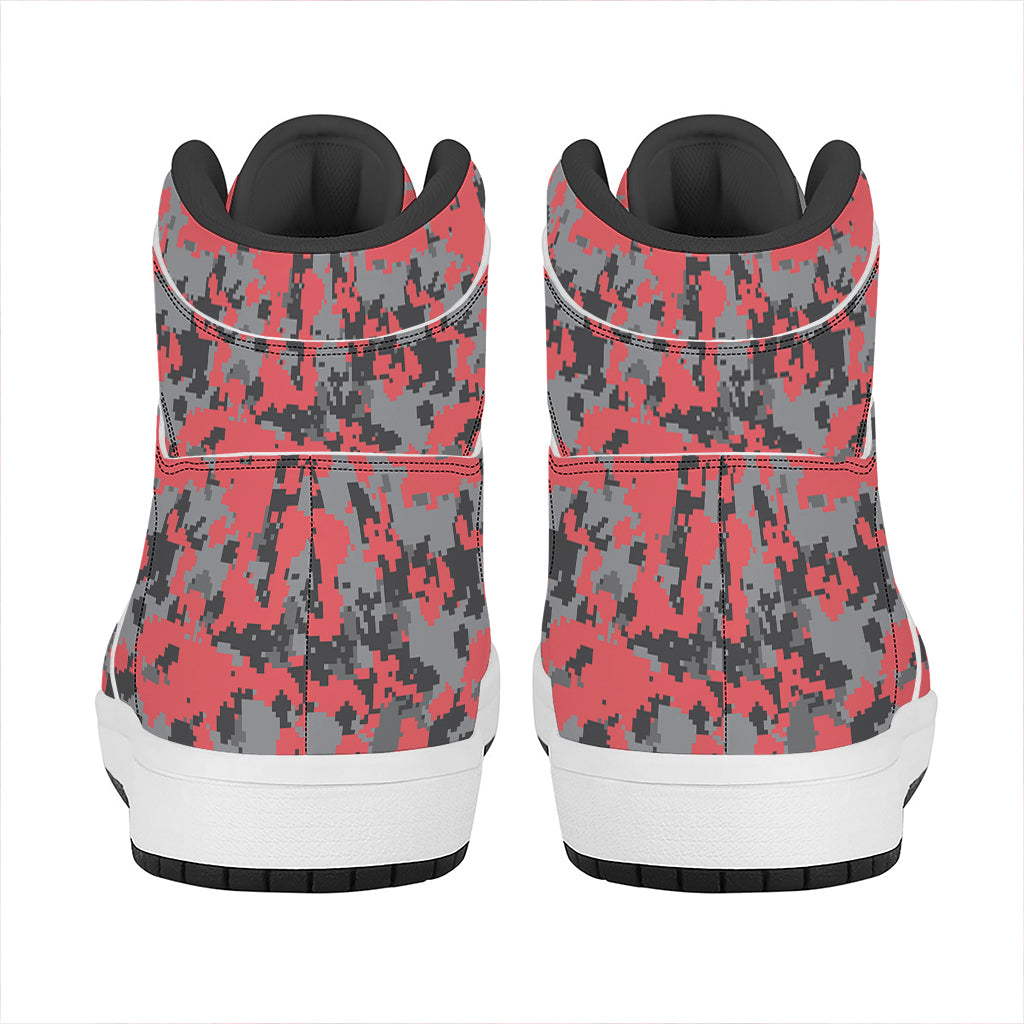 Red And Grey Digital Camo Pattern Print High Top Leather Sneakers