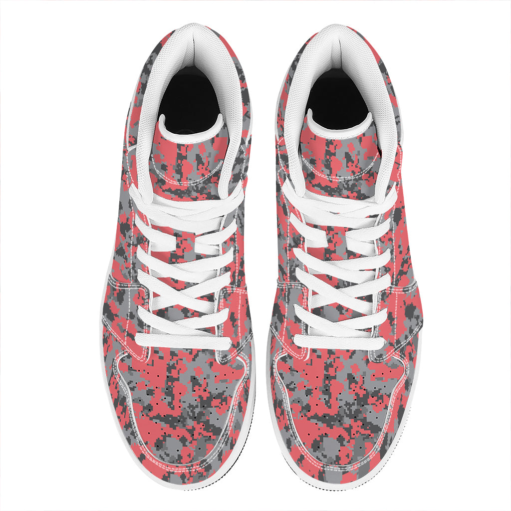Red And Grey Digital Camo Pattern Print High Top Leather Sneakers
