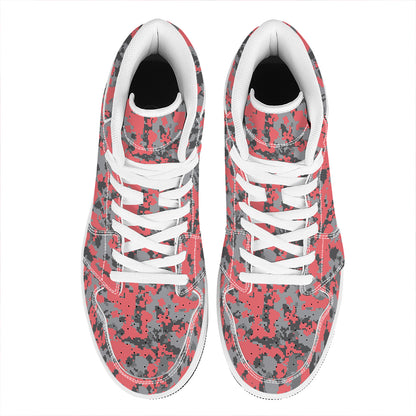 Red And Grey Digital Camo Pattern Print High Top Leather Sneakers