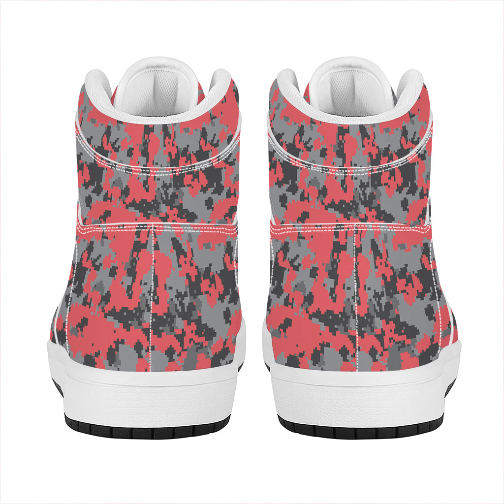 Red And Grey Digital Camo Pattern Print High Top Leather Sneakers