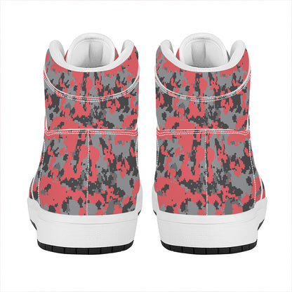 Red And Grey Digital Camo Pattern Print High Top Leather Sneakers