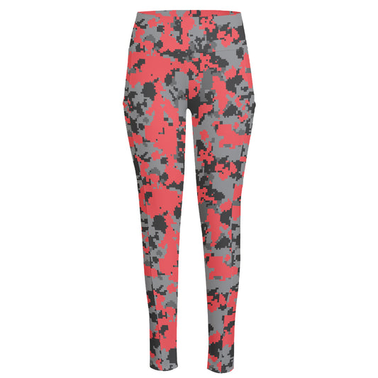 Red And Grey Digital Camo Pattern Print High-Waisted Pocket Leggings