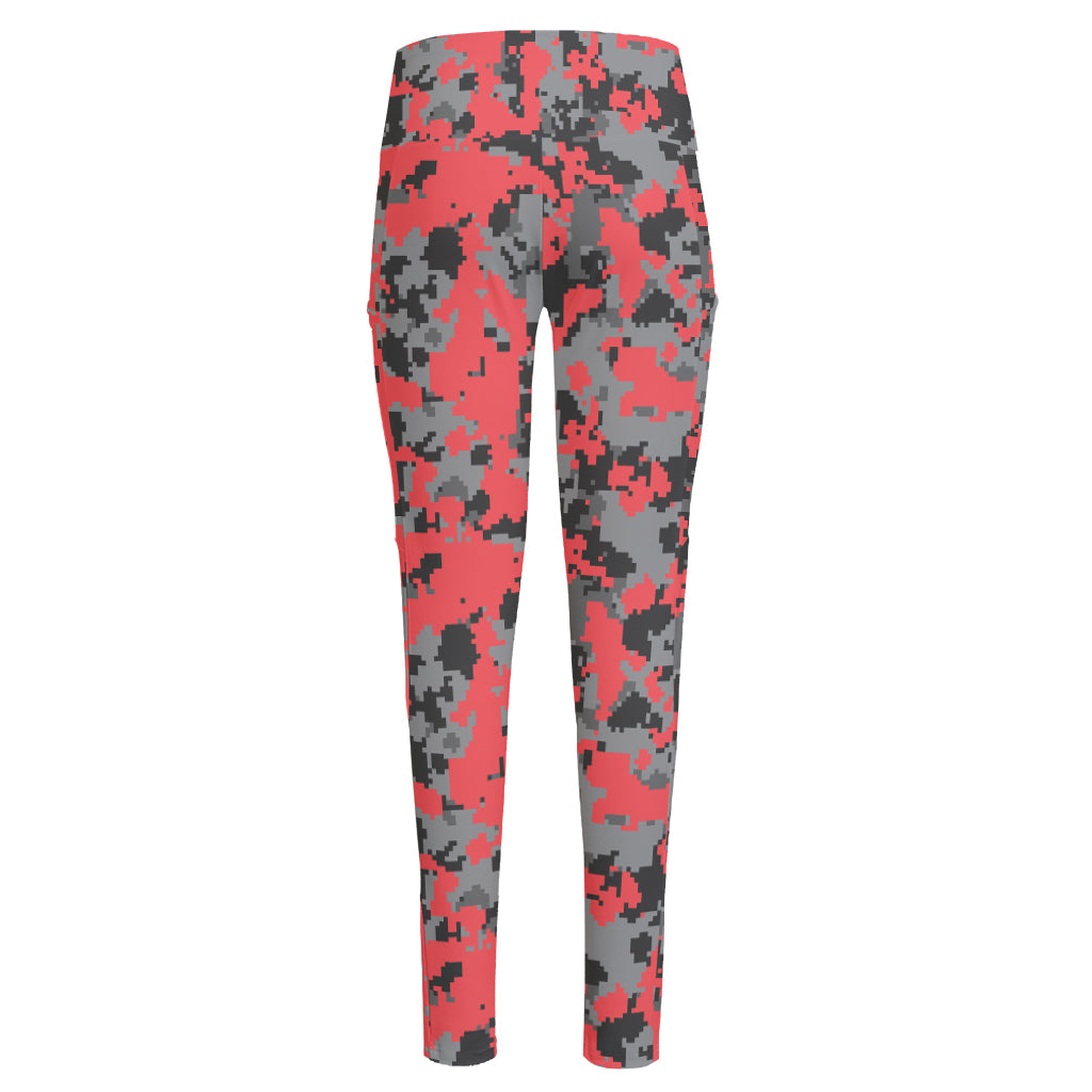 Red And Grey Digital Camo Pattern Print High-Waisted Pocket Leggings