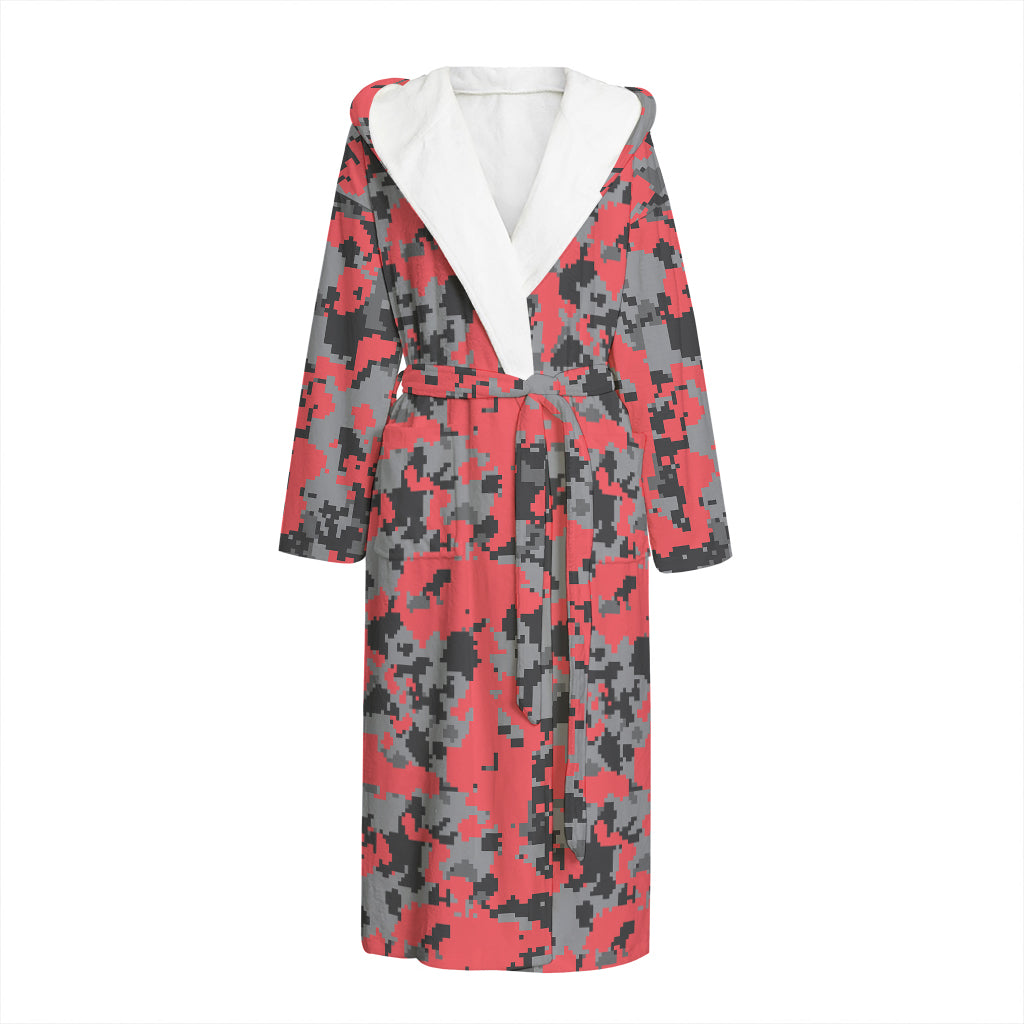 Red And Grey Digital Camo Pattern Print Hooded Bathrobe