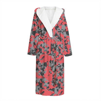 Red And Grey Digital Camo Pattern Print Hooded Bathrobe