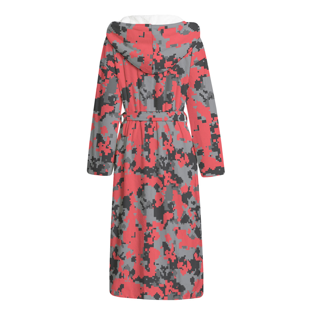 Red And Grey Digital Camo Pattern Print Hooded Bathrobe