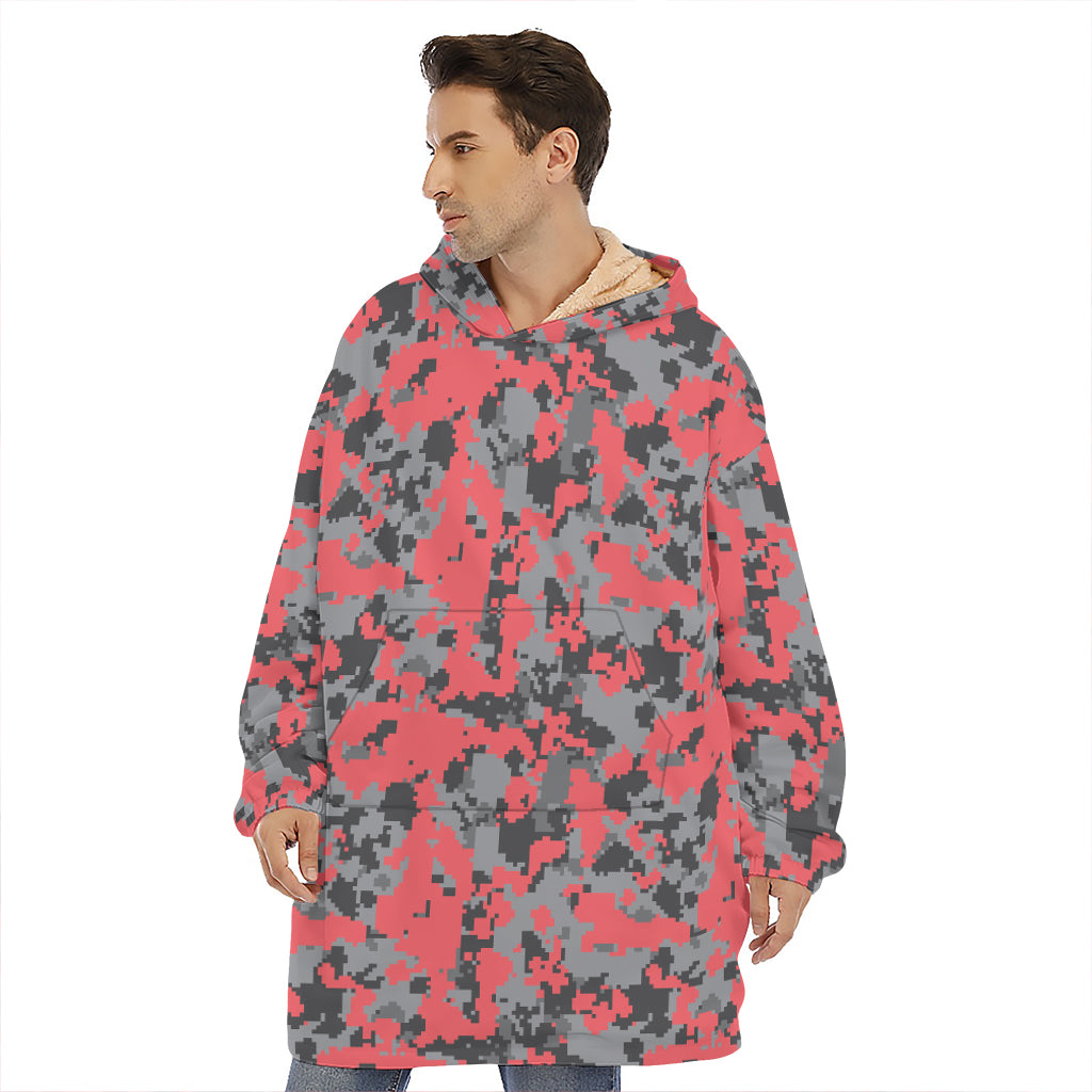 Red And Grey Digital Camo Pattern Print Hoodie Blanket