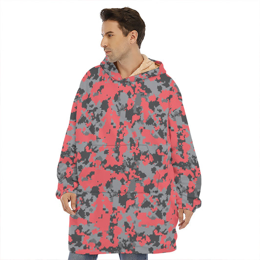 Red And Grey Digital Camo Pattern Print Hoodie Blanket
