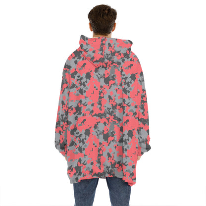 Red And Grey Digital Camo Pattern Print Hoodie Blanket