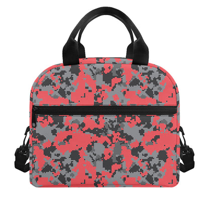 Red And Grey Digital Camo Pattern Print Insulated Lunch Bag