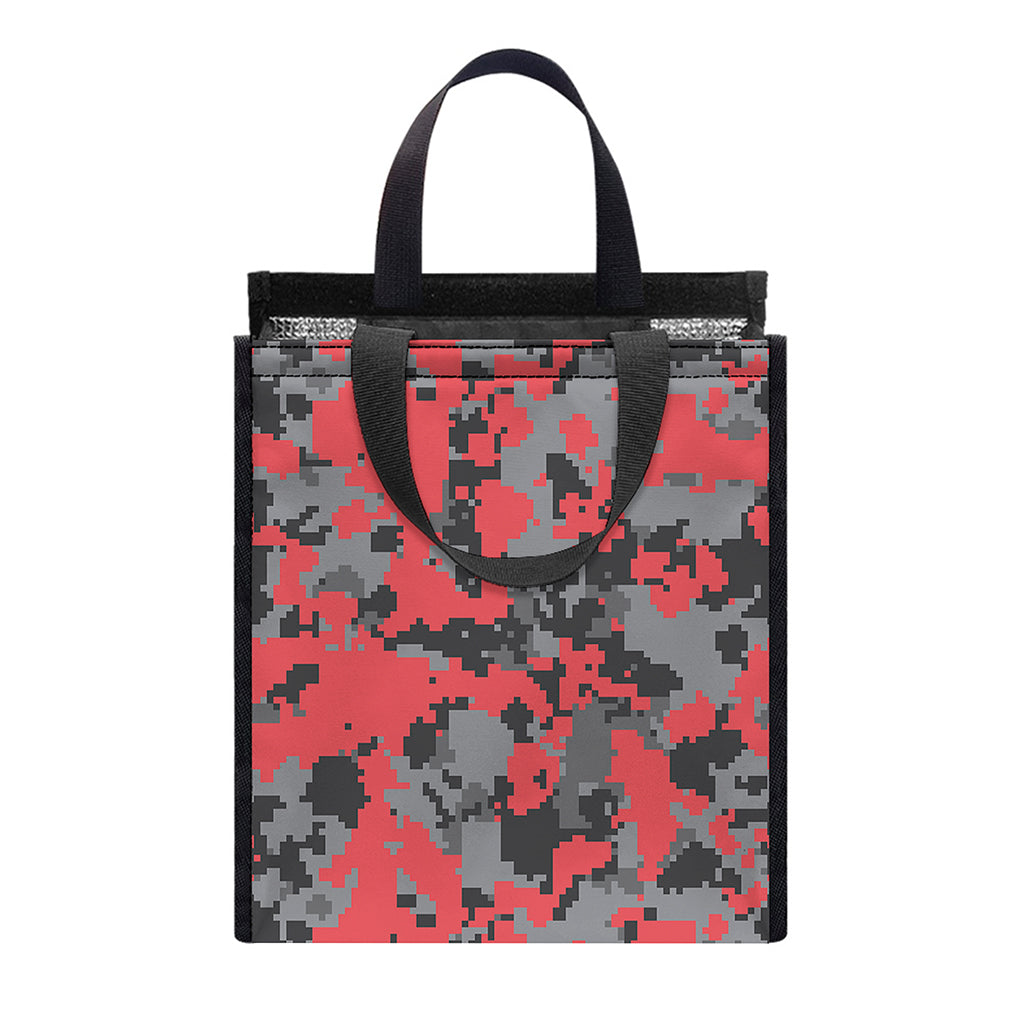 Red And Grey Digital Camo Pattern Print Insulated Lunch Tote