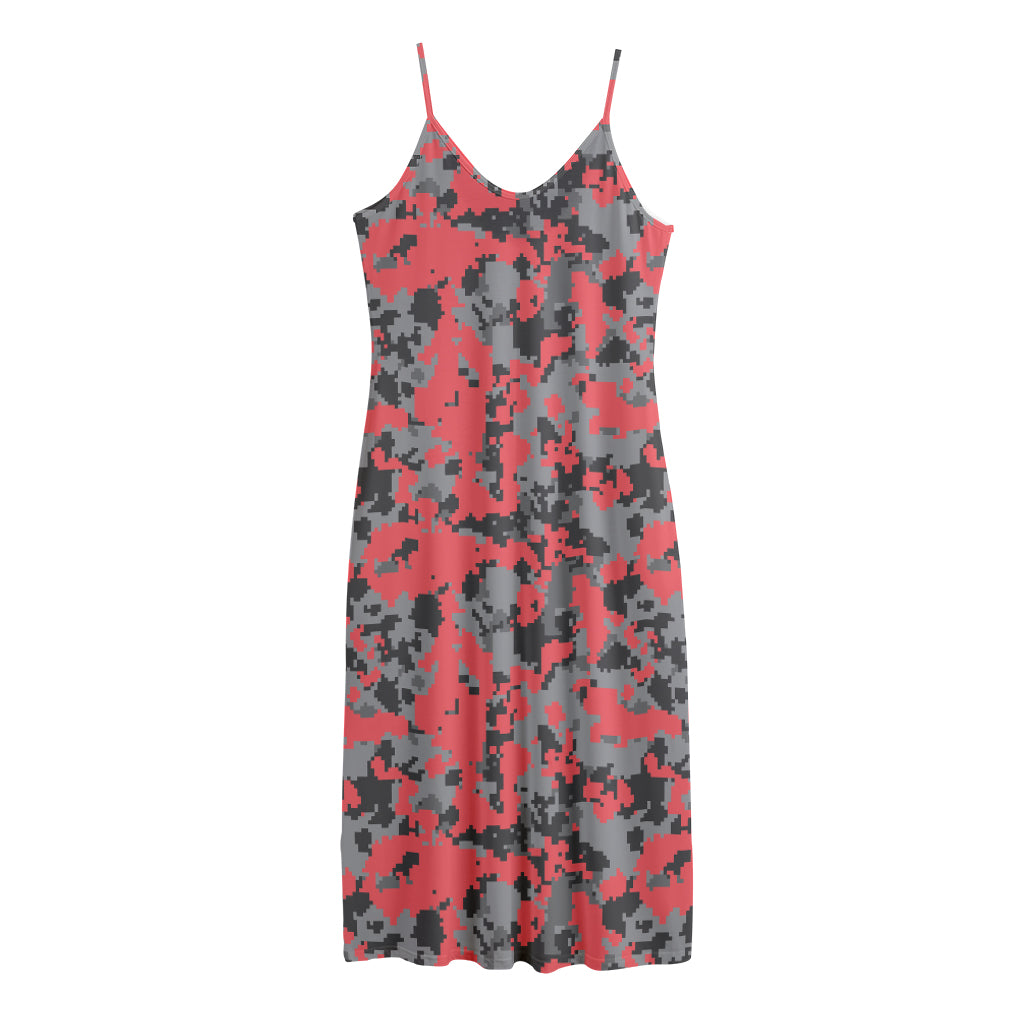 Red And Grey Digital Camo Pattern Print Jersey Midi Cami Dress