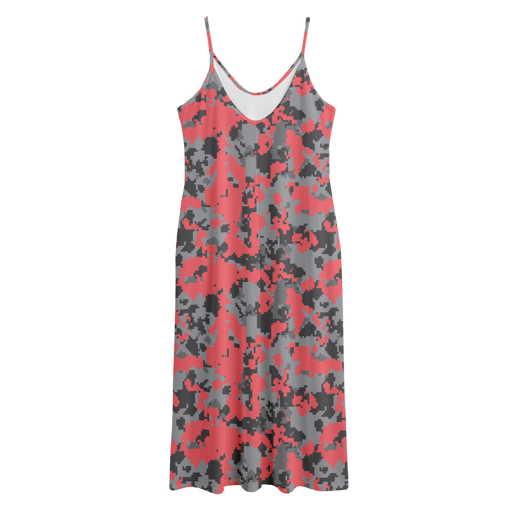 Red And Grey Digital Camo Pattern Print Jersey Midi Cami Dress
