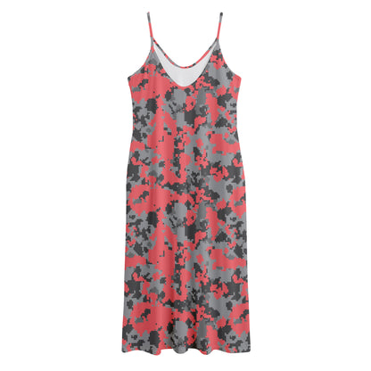 Red And Grey Digital Camo Pattern Print Jersey Midi Cami Dress