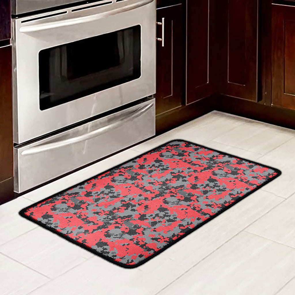 Red And Grey Digital Camo Pattern Print Kitchen Mat