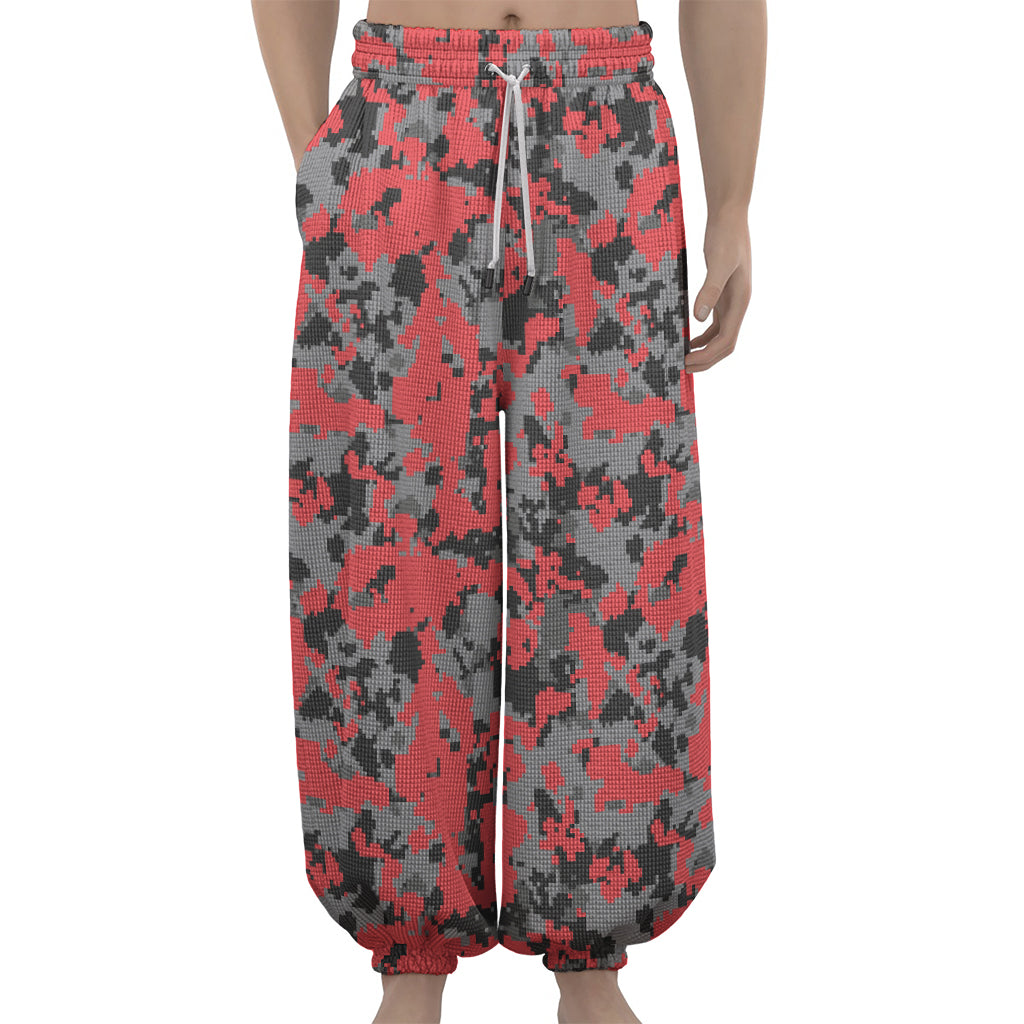 Red And Grey Digital Camo Pattern Print Lantern Pants