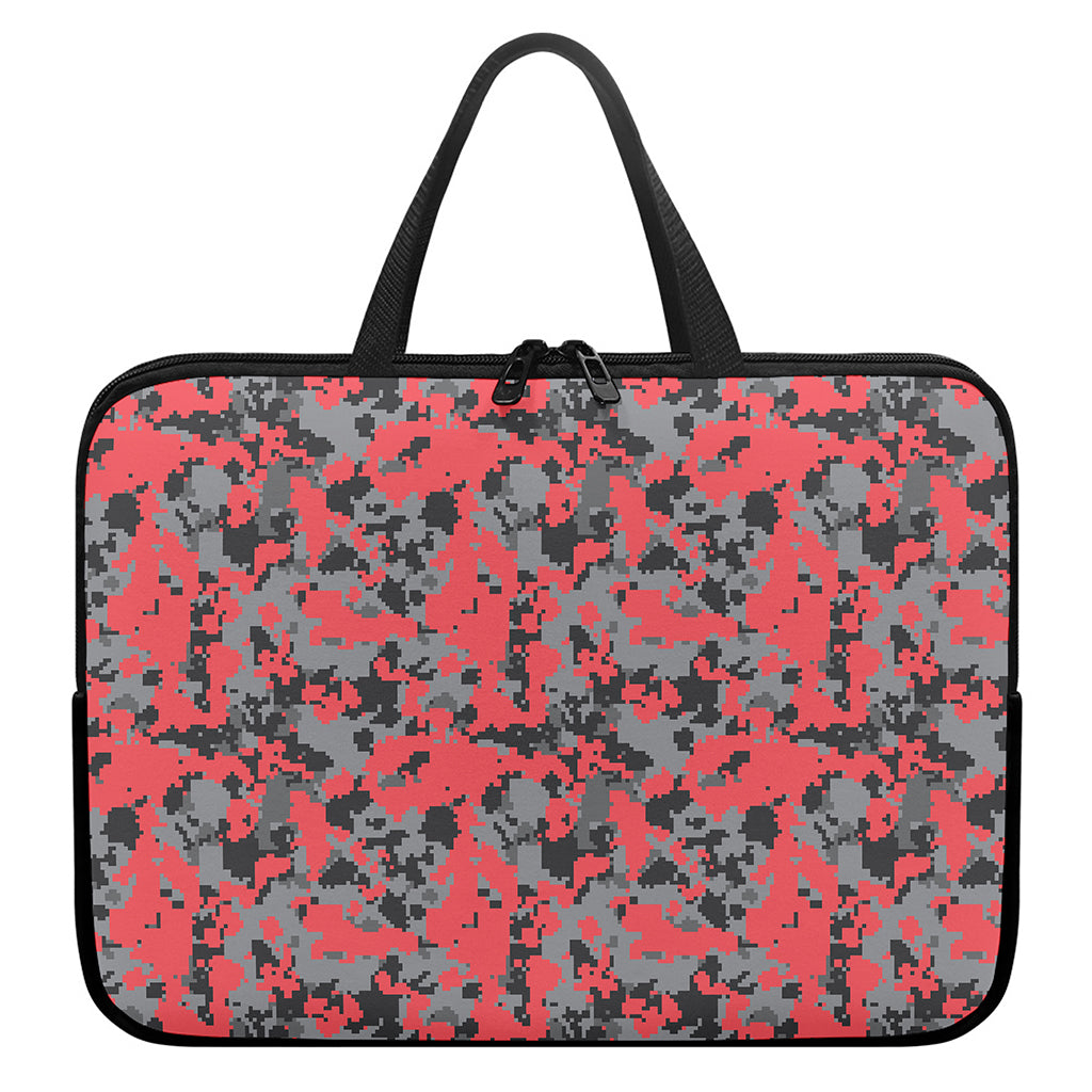 Red And Grey Digital Camo Pattern Print Laptop Sleeve With Handle