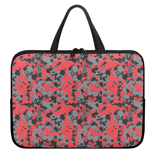 Red And Grey Digital Camo Pattern Print Laptop Sleeve With Handle