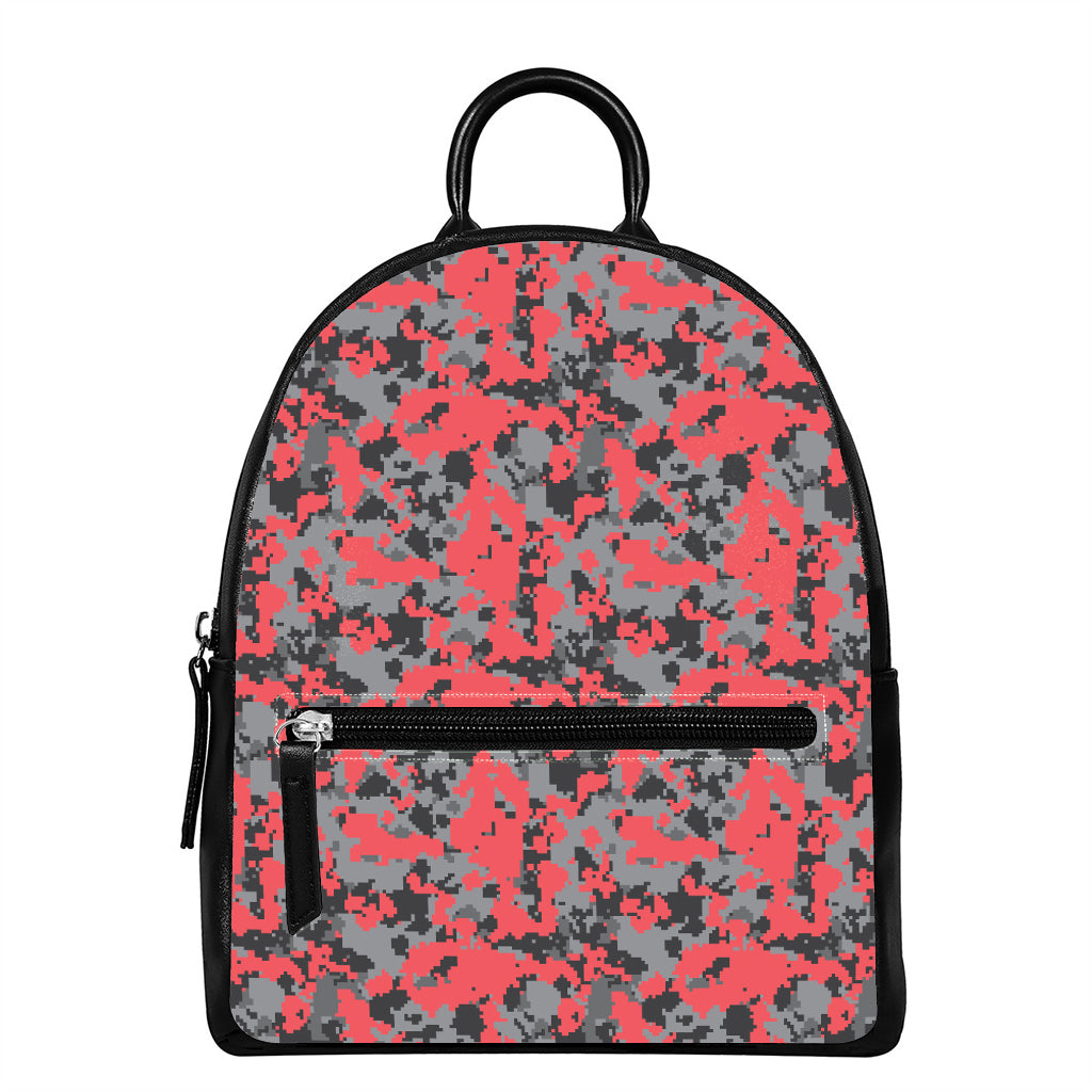 Red And Grey Digital Camo Pattern Print Leather Backpack