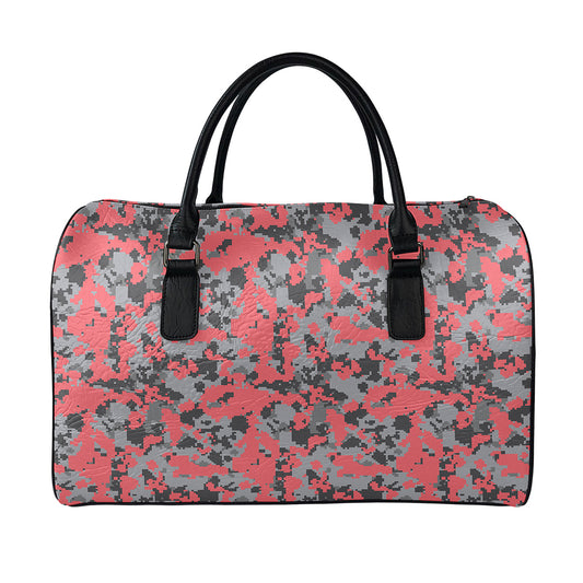 Red And Grey Digital Camo Pattern Print Leather Duffle Bag