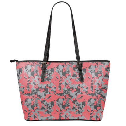 Red And Grey Digital Camo Pattern Print Leather Tote Bag