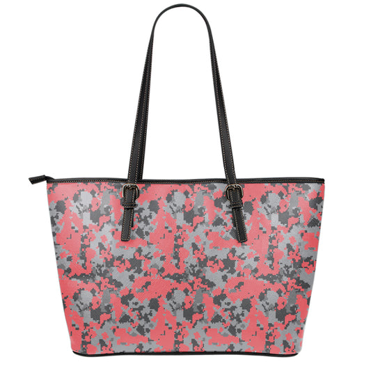 Red And Grey Digital Camo Pattern Print Leather Tote Bag