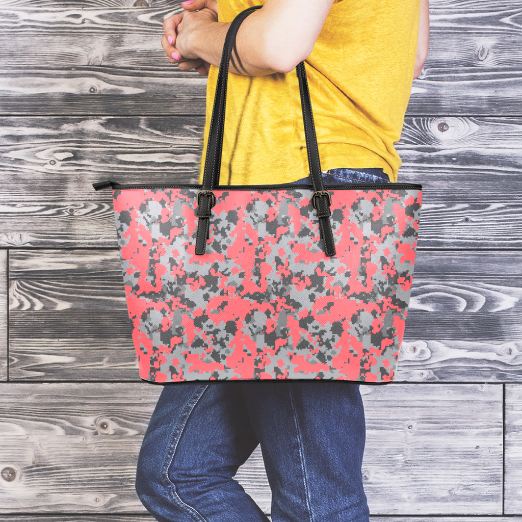 Red And Grey Digital Camo Pattern Print Leather Tote Bag