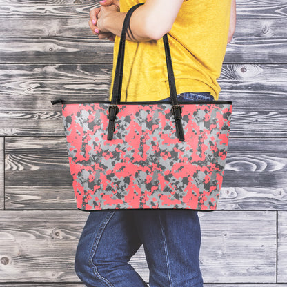 Red And Grey Digital Camo Pattern Print Leather Tote Bag