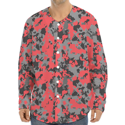 Red And Grey Digital Camo Pattern Print Long Sleeve Baseball Jersey
