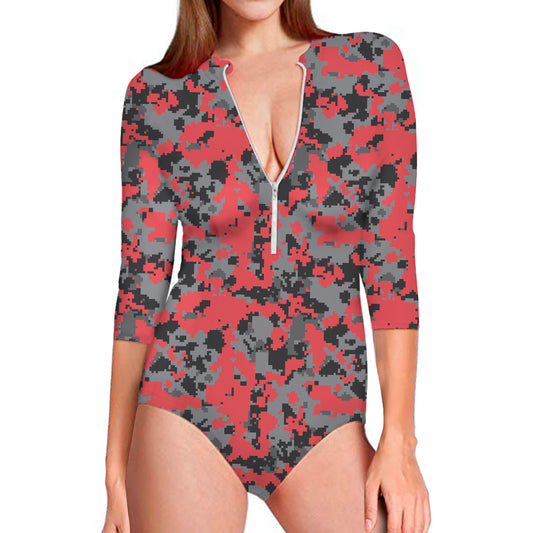 Red And Grey Digital Camo Pattern Print Long Sleeve Swimsuit