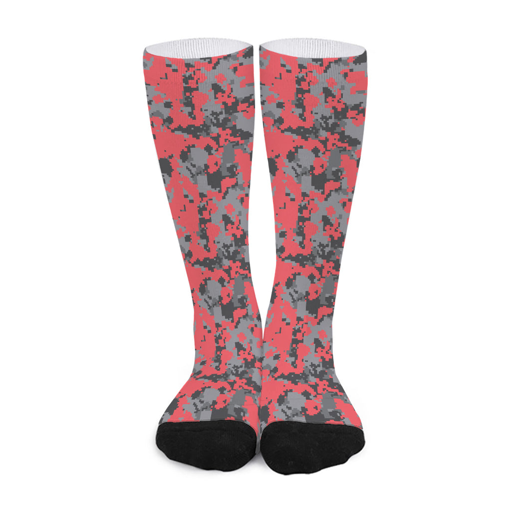 Red And Grey Digital Camo Pattern Print Long Socks