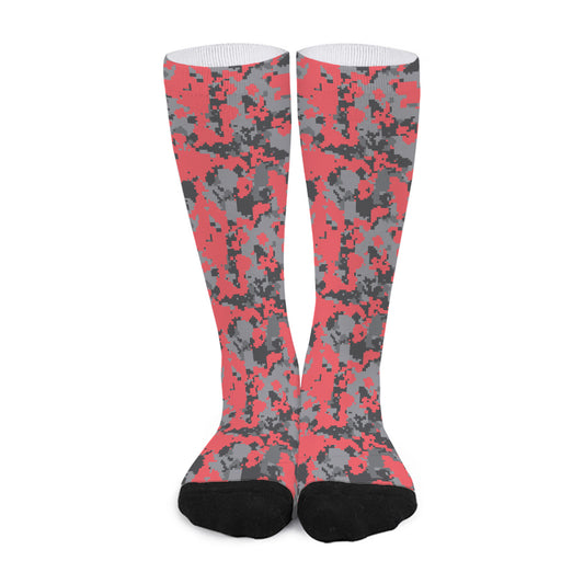 Red And Grey Digital Camo Pattern Print Long Socks